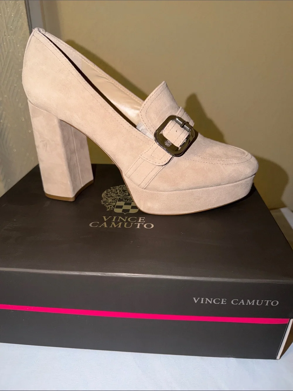 Vince Camuto Almond Beige Suede Platform Loafers with Silver Buckle